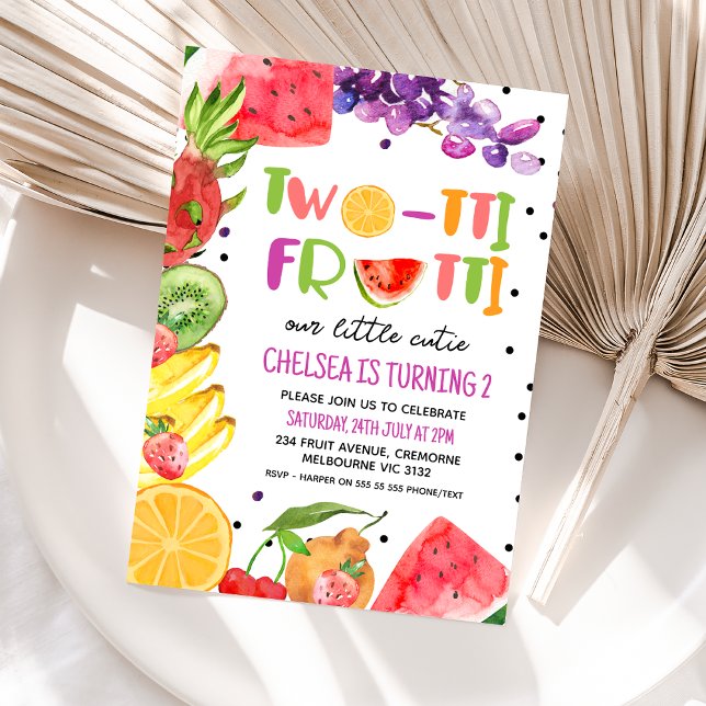 Convite Fruta Colorida Moderna segundo aniversário Twotii  (Girls Twotti Frutti 2nd Birthday Invitation, Twotti Fruity Invite, Fruity Birthday Card Summer )