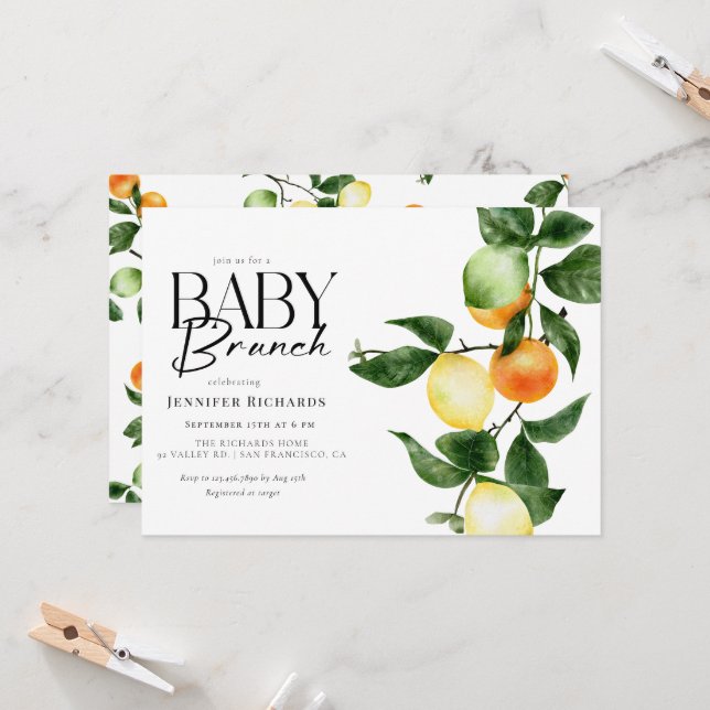 Convite Fruta de Citrus | Watercolor Baby Brunch (Frente/Verso In Situ)
