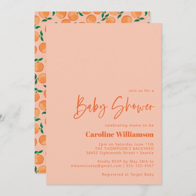 Convite Fruta de Laranjas de Verão Chá de fraldas rosa-d'á (Frente/Verso)