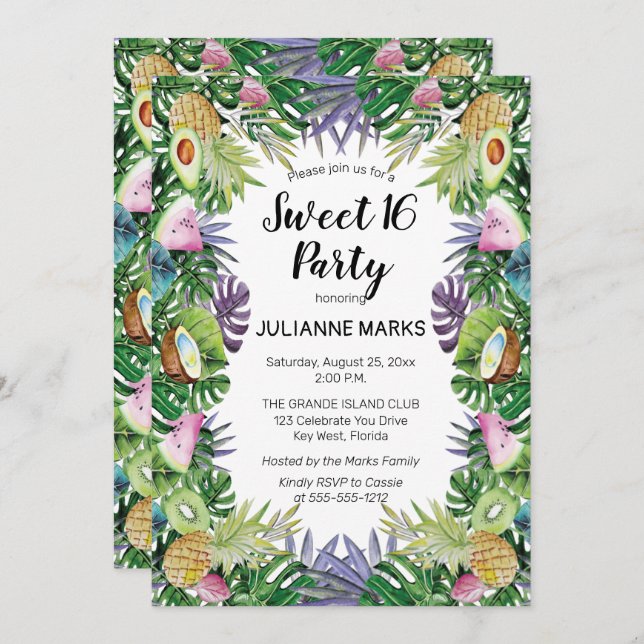 Convite Fruta tropical| Greenery Summer Sweet 16 Party (Frente/Verso)