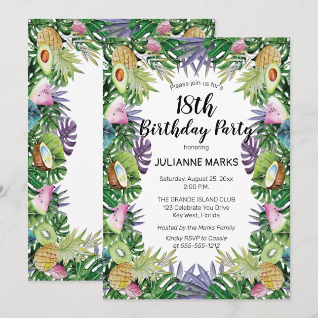 Convite Fruta tropical Greenery Verão 18 Festa de aniversá (Frente/Verso)