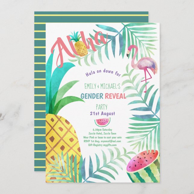 Convite Frutado Tropical GENDER REVEAL Convida Flamingo (Frente/Verso)