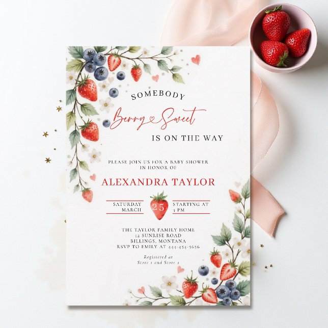 Convite Frutas Botânicas Doces como Frutas Chá de Bebê Vid (berry sweet baby shower invitation fruit theme strawberry berries watercolor spring summer)