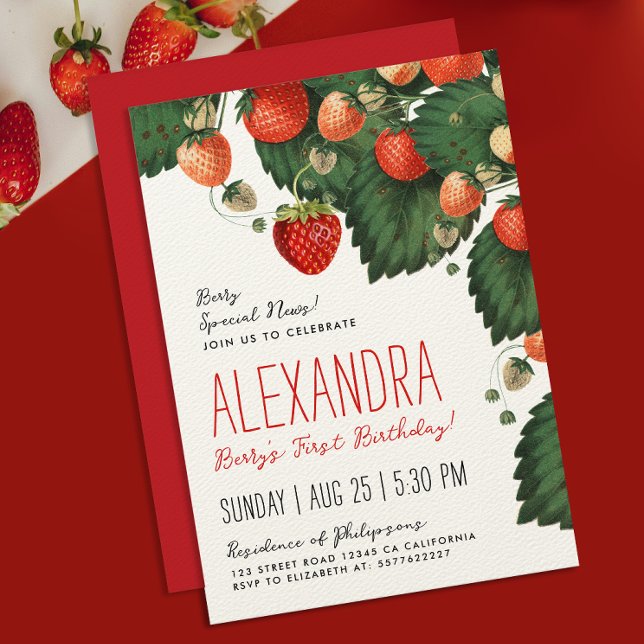 Convite Frutas Cute Vintage Red Strawberry Primeiro Botâni (Criador carregado)