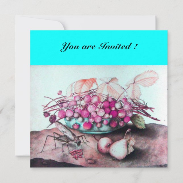 Convite FRUTAS DA ESTAÇÃO / MORANGOS E PERAS Rosa azul (Frente)