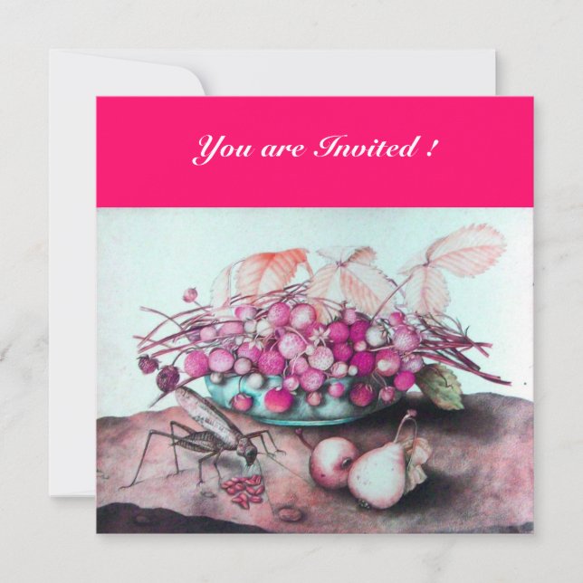 Convite FRUTAS DA ESTAÇÃO / MORANGOS, PERAS Rosa fúcsia (Frente)
