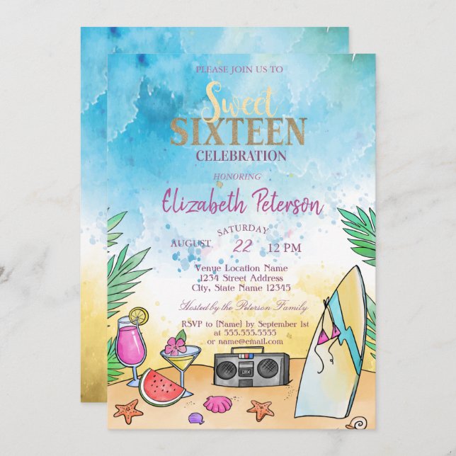 Convite Frutas de Cocktail Beach Summer Sweet 16 Party (Frente/Verso)
