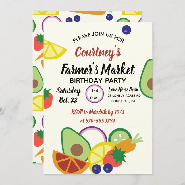 Convite Frutas de Festa de aniversário de Mercado e Produt (Frente/Verso)