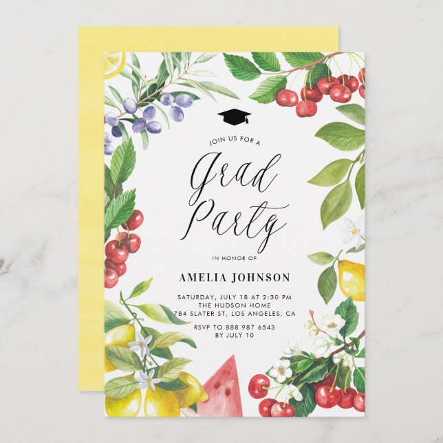 Convite Frutas de Verão de Aquarela Festa de formatura Flo (Frente/Verso)