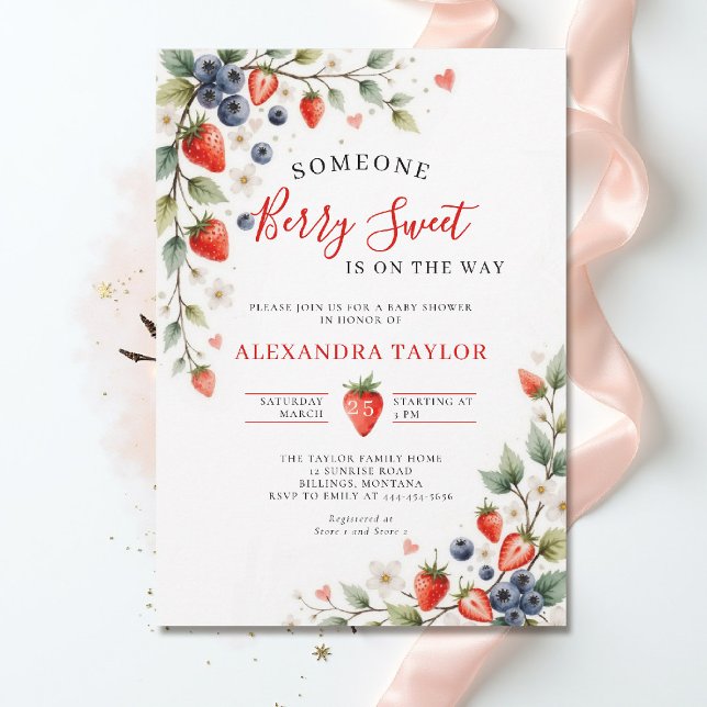Convite Frutas Doces Vinhas Jardim Chá de Bebê (berry sweet baby shower invitation fruit strawberry theme watercolor summer garden cottagecore)