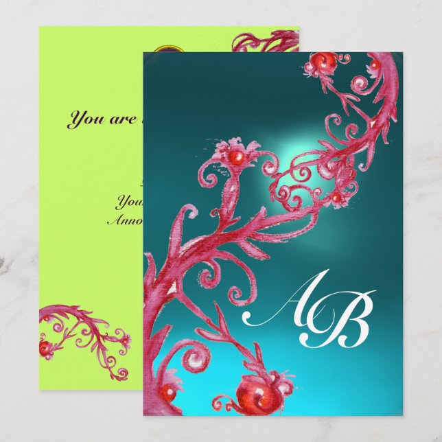 Convite FRUTAS MÁGICAS 3, AQUAMARINE MONOGRAMADA vermelha  (Frente/Verso)