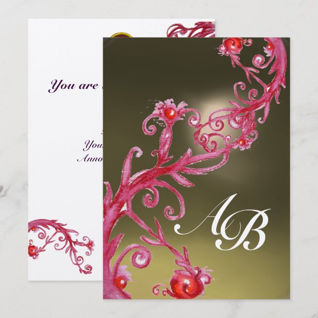 Convite FRUTAS MÁGICAS 3,MONOGRAM dourado metálico rubi (Frente/Verso)