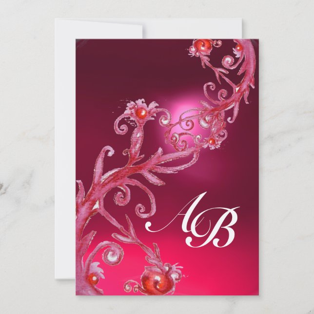 Convite FRUTAS MÁGICAS 4, MONOGRAM vermelho rubi metálico  (Frente)