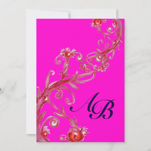Convite FRUTAS MÁGICAS,MONOGRAM vermelho roxo fúcsia preto (Frente)