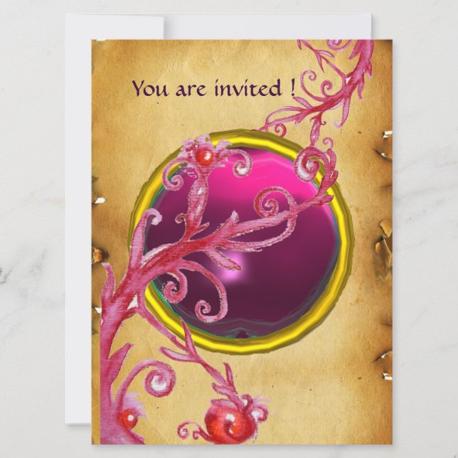 Convite FRUTAS MÁGICAS PERGAMINHO GEMA vermelho rubi (Frente)