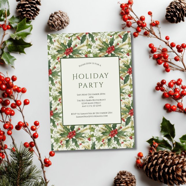 Convite Frutas Vermelhas Azevinho Verde Festa de Natal (Red Berries Holly leaves Christmas Holiday party invitation. Business Corporate. Printed or Digital)
