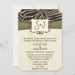 Convite Fuchsia and Olive Barn Wood Zebra Print Wedding