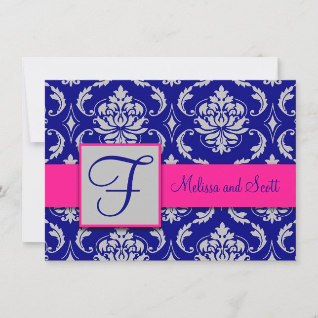 Convite Fuchsia Azul Marinho Prata Damask Save the Date 1B (Frente)