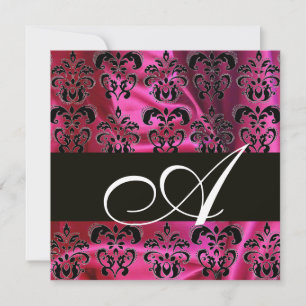 Convite FUCHSIA BLACK SILK DAMASK MONOGRAMA, branco