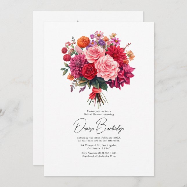 Convite Fuchsia, Blush & Coral Bright Floral Bridal Shower (Frente/Verso)