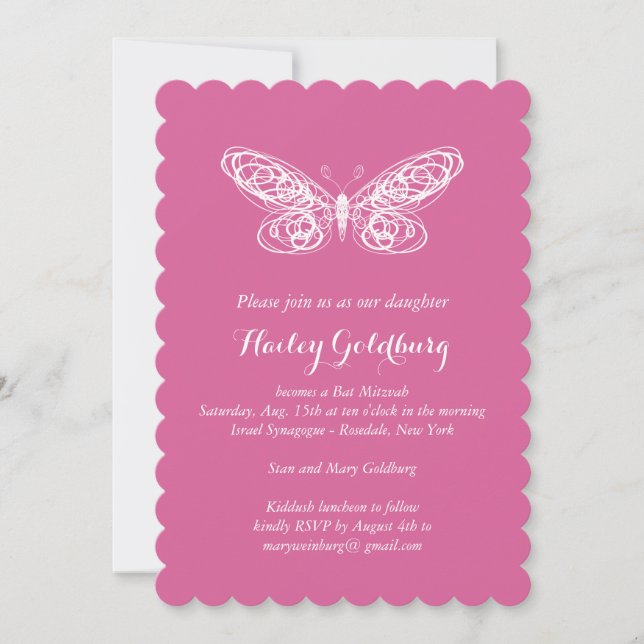 Convite Fuchsia Butterfly Bat Mitzvah (Frente)