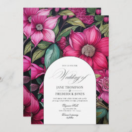 Convite Fuchsia, Casamento Floral Negro e Verde-Esmeralda