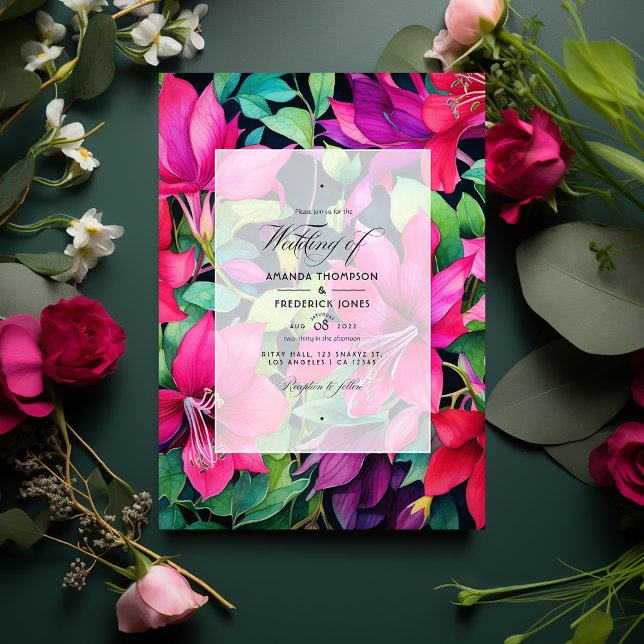 Convite Fuchsia, Casamento Floral Negro e Verde-Esmeralda (Criador carregado)