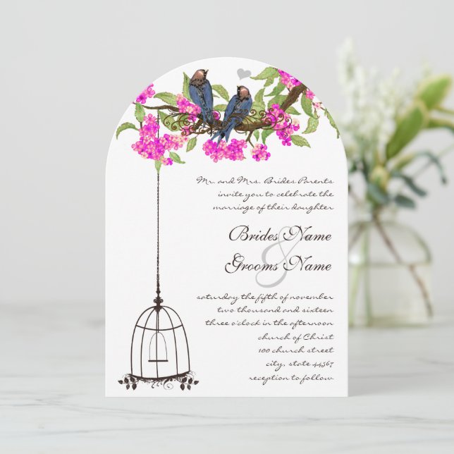 Convite Fuchsia Cherry Blossom Love Birdcage Casamento de  (Em pé/Frente)