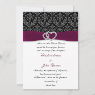 Convite Fuchsia damask FAUX ribbon diamante Weding