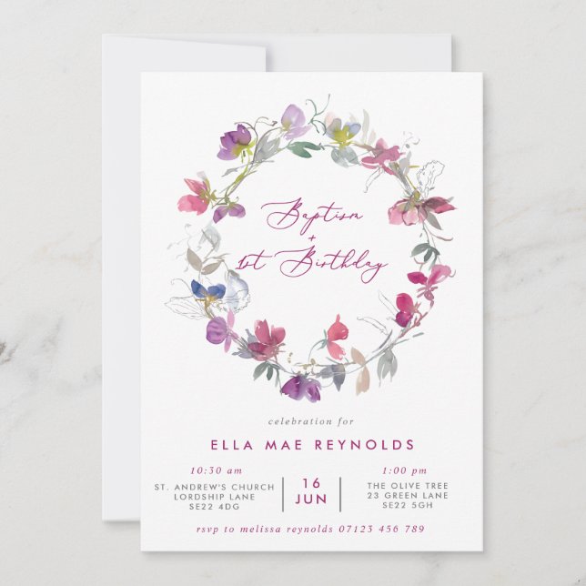 Convite Fuchsia, Doce Pera, Batismo E primeiro aniversario (Frente)