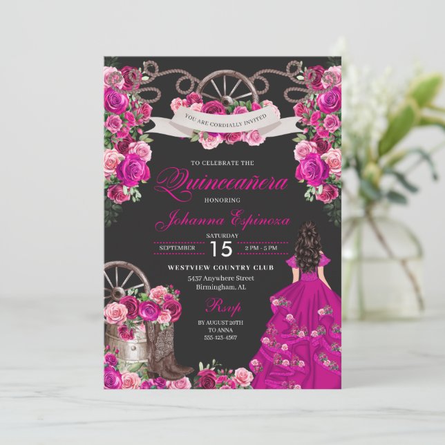 Convite Fuchsia e Cowgirl Negra Western Charro Quinceanera (Em pé/Frente)
