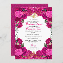 Convite Fuchsia e Quinceanera Floral Dourada Aniversário