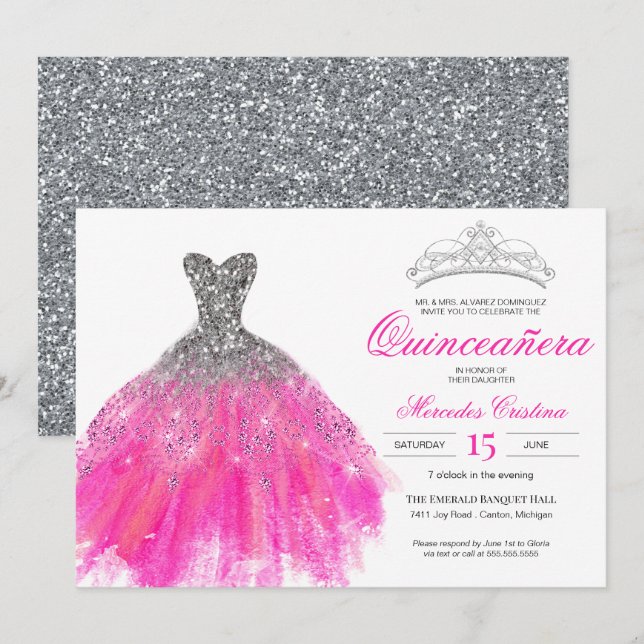 Convite Fuchsia e Silver Glitter Glam Gown Quinceañera (Frente/Verso)