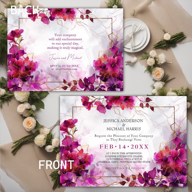 Convite Fuchsia Enchantment: Casamento por Aquarela (Fuchsia Enchantment: Watercolor Wedding Invitation)