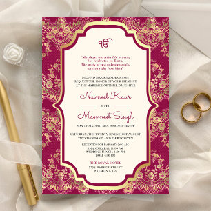 Convite Fuchsia Gold Lace Código QR Anand Karaj Casamento