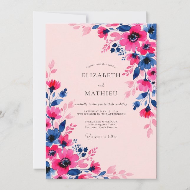Convite Fuchsia Indigo Blossoming Spring Wedding (Frente)