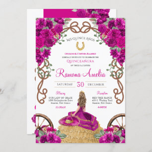 Convite Fuchsia Magenta Floral Western Charro Quinceañera