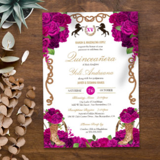 Convite Fuchsia Magenta Rosas Charro Quinceanera Ocidental
