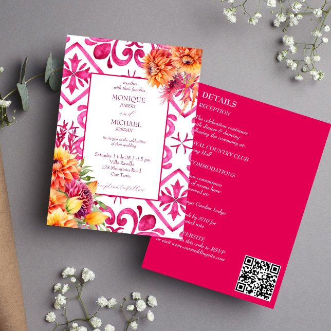 Convite Fuchsia Majolica azulejo dália laranja tudo em um (Fuchsia Majolica tiles orange dahlias all in one wedding editable template Invitation download)