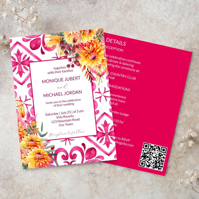 Convite Fuchsia Majolica azulejo dália laranja tudo em um (Fuchsia Majolica tiles orange dahlia all in one wedding template Invitation digital download simple)