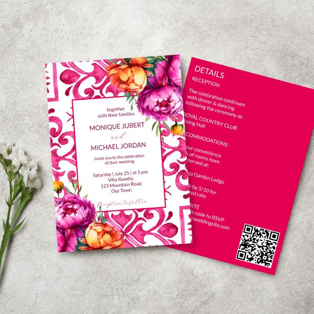 Convite Fuchsia Majolica azulejo peônias de laranja todas  (Fuchsia Majolica tiles orange pink peonies all in one wedding template Invitation digital download)