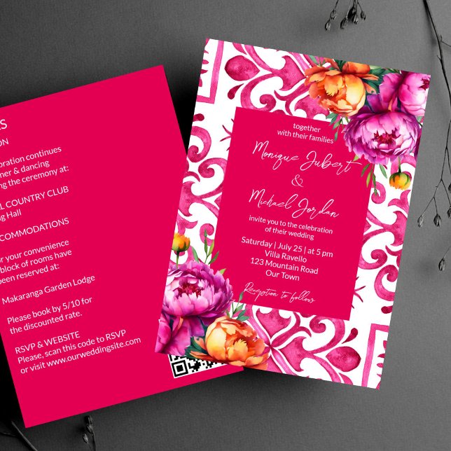Convite Fuchsia Majolica azulejo peônias de laranja todas  (Fuchsia Majolica tiles orange pink peonies all in one template Invitation digital download QR RSVP)