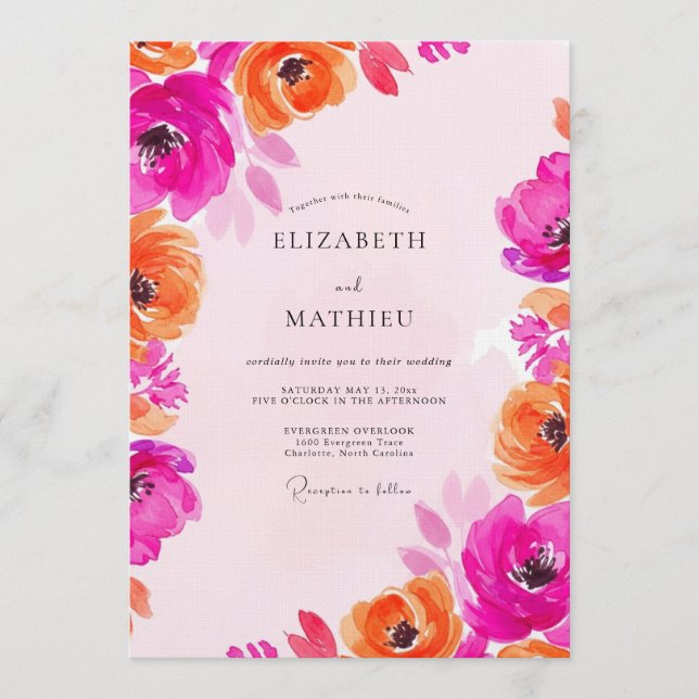Convite Fuchsia & Orange Painterly Bloom Wedding (Frente)