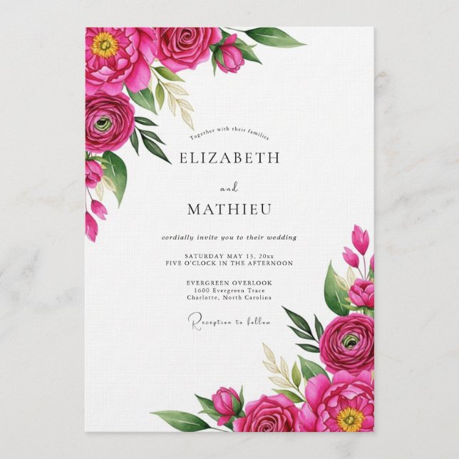 Convite Fuchsia Painterly Bloom Wedding (Frente)