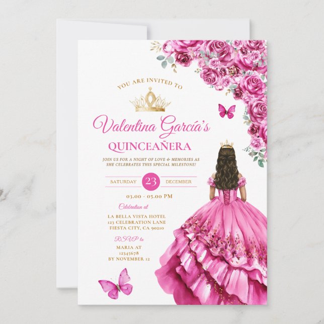 Convite Fuchsia Pink Dress Quinceañera 15 Anos Floral Gold (Frente)