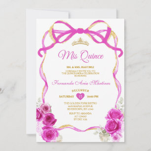 Convite Fuchsia Pink Floral Arco Fita Dourada Mis Quince