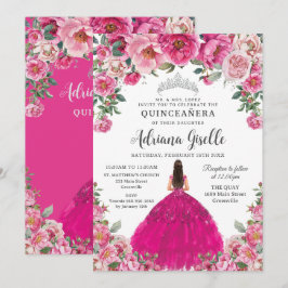 Convite Fuchsia Pink Floral Silver Quinceanera XV Sweet 16