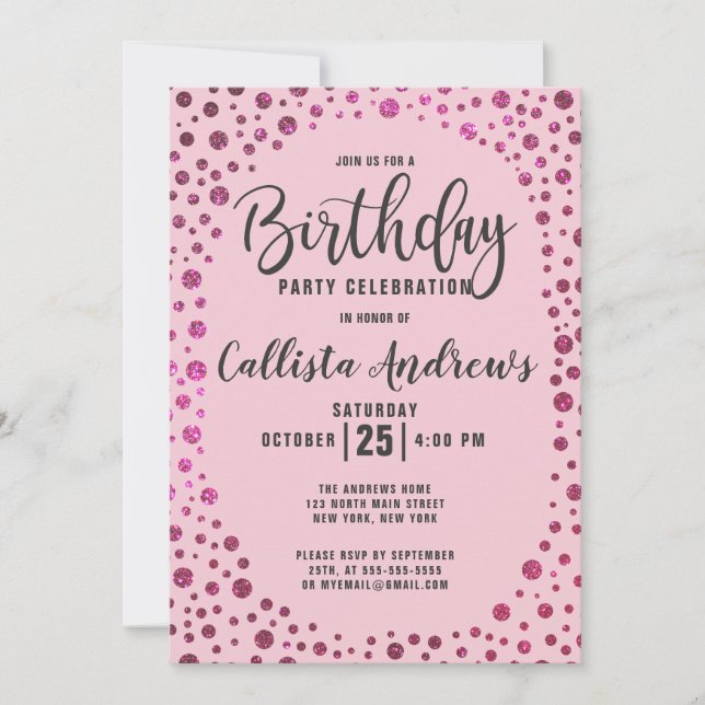 Convite Fuchsia Pink Glitter Confetti Border Birday (Frente)