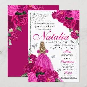 Convite Fuchsia Pink Prata Butterfly Quinceañera