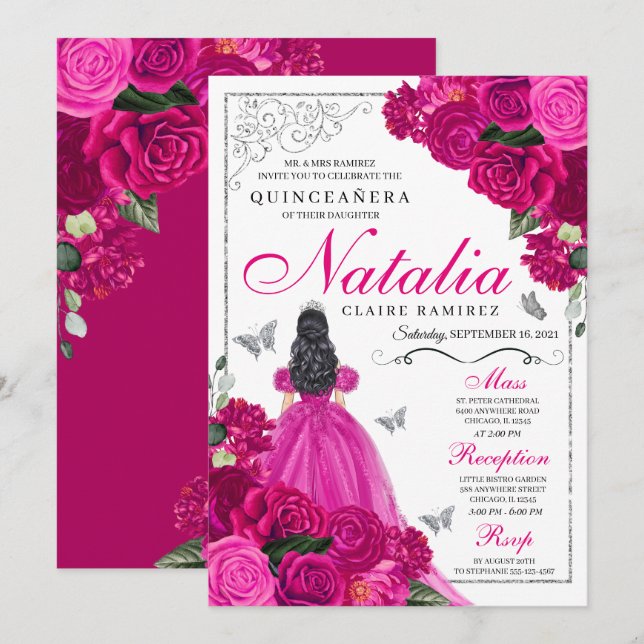 Convite Fuchsia Pink Prata Butterfly Quinceañera (Frente/Verso)